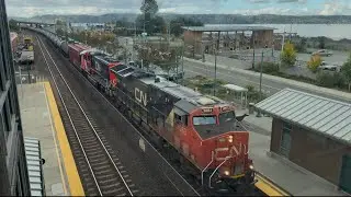 CN LOCOMOTIVES Lead Full Oil Through Train Station! - Mukilteo, WA