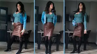 Crossdresser Laura wearing her leather skirt again.