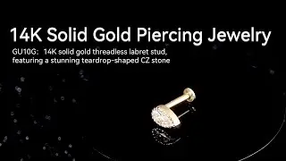 14K Solid Gold Threadless Labret Stud with CZ Stone Teardrop Design