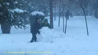 Turkish children are making  a snowman in Ankara, Turkish Republic, 21.01.2016.