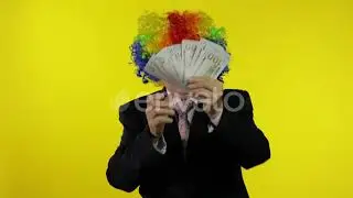 Elderly Clown Businesswoman Entrepreneur Boss Dancing, Entertains, Receive Money | Stock Footage...