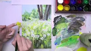 Одуванчики в Великом Новгороде. Рисуем гуашью