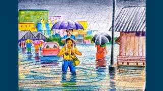 City rainy season scenery drawing step by step/Rainy day drawing/Rainy season drawing