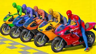 COLORS SPIDERMAN,IRONMAN & POPPY PLAYTIME | All SUPERHEROES Racing Challenge Sea Ramp Competition~!