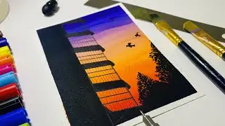 Easy Painting Ideas Using Brush pens | Sunset Reflection on Building | #howtodraw #camlin