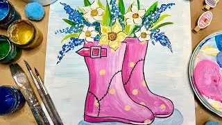 РИСУЕМ Весенний рисунок🌸Цветы👢Резиновые сапожки #рисуемлегко #рисунокдлядетей