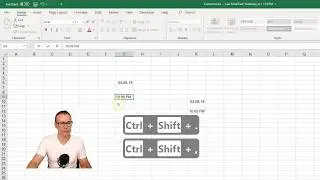 Excel: Insert time date with the shortcut Ctrl+Shift+,(comma) and Ctrl+Shift+.(dot)