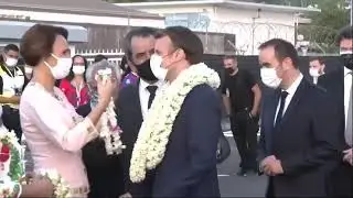 French President gets many flowers on trip to Manihi Island