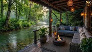 Cozy Riverside Porch Ambience | Relaxing River Sounds & Warm Fire Retreat