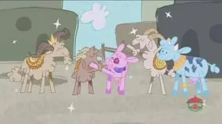 Pinkie Pie telling the yaks a stroy