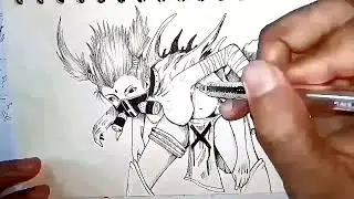Warrior Demon Girl Pen Drawing