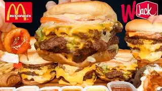 ASMR MUKBANG GIANT MCDONALDS VS WENDYS VS JACK IN THE BOX BURGERS AND FRIES | WITH CHEESE & CHICKEN