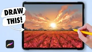 PROCREATE Landscape Drawing Tutorial for Beginners - SUNSET FLOWER FIELDS (step by step)