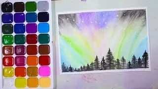 Как нарисовать СЕВЕРНОЕ СИЯНИЕ акварелью для начинающих