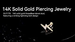14K Solid Gold  Lightning Bolt Design Threadless Labret Stud with CZ Stone