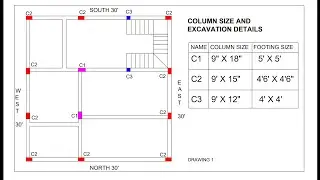 column and footing structural plan for 30 × 30 house plan map naksha