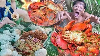 Survival In The Rainforest Jangal Food Crab _ Rice _ Mushroom _ Crab Soup Eating Delicious