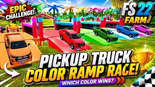 ALL COLORS PICKUP TRUCKS RACE ON GIANT COLOR RAMPS! WHICH COLOR TRUCK WINS? - FS22 FARM