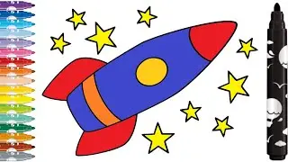 How to draw and color a rocket in space. Coloring pages for children.