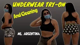 Ms. Argentina cleans and Tries on boxers (underwear)