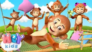 5 Macaquinhos pulando no colchao 🙈 Musica infantil - HeyKids Português