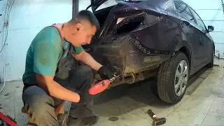 Hyundai Solaris rear body side member repair in Nizhny Novgorod. Hyundai Accent Auto body repair.