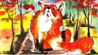 Как нарисовать лису в осеннем лесу. Рисуем лису легко. Рисуем лису акварелью. Рисуем осенний пейзаж.