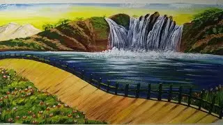 A stunning waterfall scenery painting,step by step/Потрясающая картина пейзажа водопада,шаг за шагом