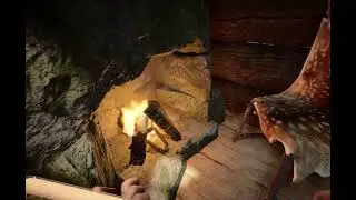 Playing music with a guitar in front of a fireplace in sons of the forest