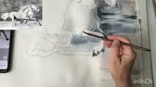 Рисуем лошадей в снегу акварелью