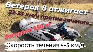 Ветерок 8 скорость против течения 22-23 км/ч. Скорость течения реки 4-5 км/ч.