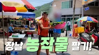 시골 장날에 직접 농사한 야채 팔기