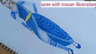 Saree with trouser illustration tutorial | step by step | fashion illustration | fashion designing