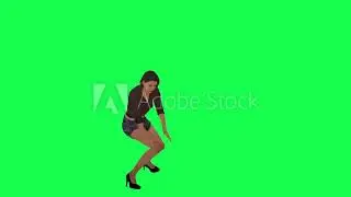 Joyful young woman in high heels from left angle on green screen