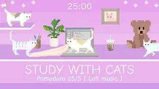 Study with Cats 🧸 Pomodoro Timer 25/5 x Animation | Relaxing study session with chill lofi bgm💜