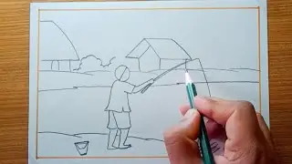 Easy scenery drawing| fishing boy drawing| village scenery drawing #art #drawing #scenery