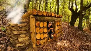 Building a Secret dugout Forest log shelter with fallen trees, Bushcraft, Survival