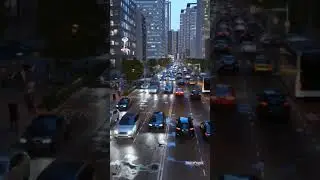 cinematic walkthrough render of city traffic