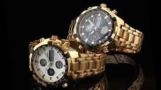 QUAMER - Супер часы из Китая Men's Gold Stainless steel Digital Waterproof Multi-Function Watch 165
