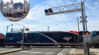 Amtrak 207 Power Move Pickup Of ALC-42s 357 & 358 North - Florin Rd. Railroad Crossing Sacramebto CA