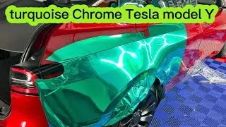 Wrapping a Tesla model Y in turquoise Chrome (testing material firmamentwrapz )
