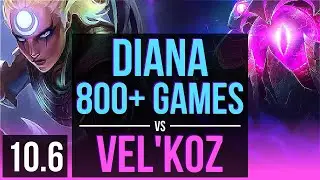 DIANA vs VEL'KOZ (MID) | 1.2M mastery points, 800+ games, 2 early solo kills | EUW Master | v10.6