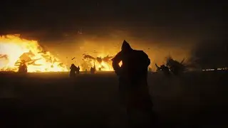 8K Epic 3D Intro in the style of Raised by Wolves - Attack on a Settlement with Fire and Destruction