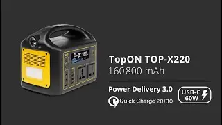 TopON TOP-X220 160800mAh, 2×AC 220V, 3×DC, XT30, 2×USB-C, 2×USB-A (PD 60W, QC3.0, 300W)