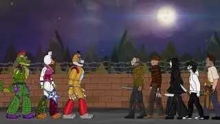 Glamrock Animatronics Team vs Jason Voorhees, Freddy Krueger, Jeff, Leatherface & Ghostface 