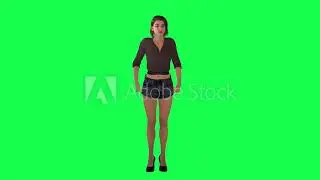 Military salute of young police woman in high heels, black shorts and brown dress from front angle
