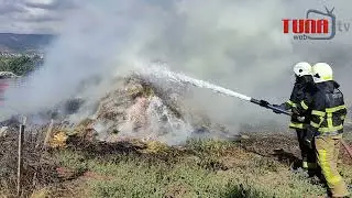 Bahçedeki saman balyaları tutuştu