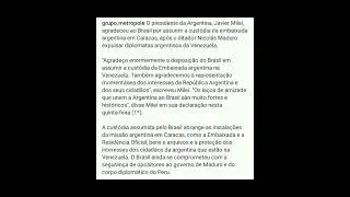 Milei agradece ao Brasil por assumir custódia da embaixada Argentina na Venezuela