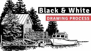 Black & white illustration time-lapse | lobster fishing shack with boats and cages | digital drawing