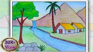 नदी और घर का चित्र बनाएं आसानी से/ How to draw simple Scenery  / Village Scenery
